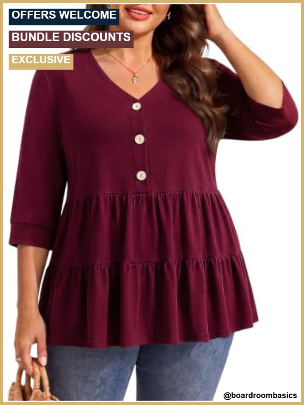 Plus Size Peplum Tops 3/4 Sleeve V Neck Casual Blouse Tunic